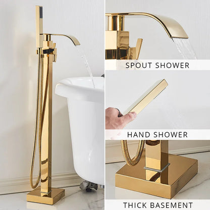 Decorbites™ Gold Badewannenarmatur-Set Heißes und Kaltes Wasser Duschmischer Hahn Wasserfall Bodenständer