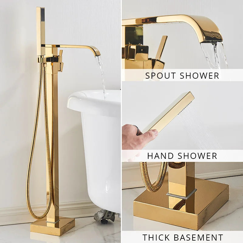 Gold Waterfall Bathtub Faucet Floor-Standing