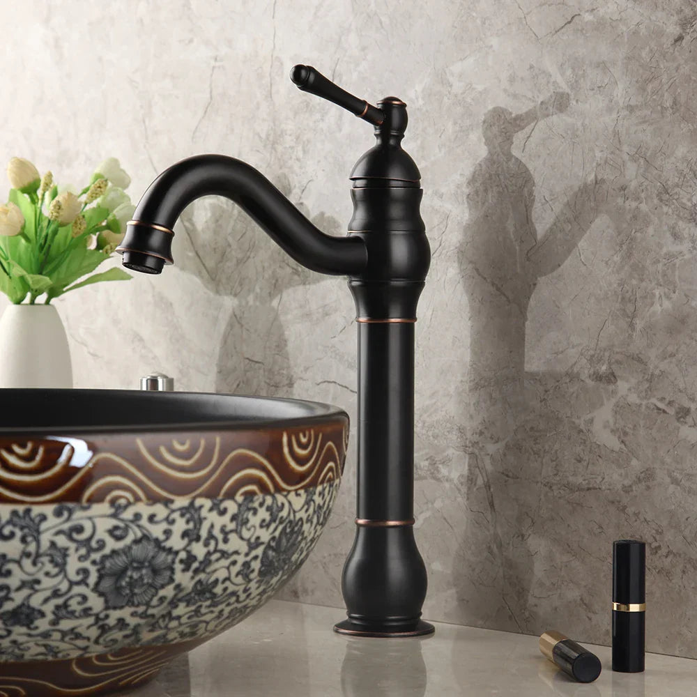 Decorbites™ Schwarzes Keramik-Waschbecken mit handgemaltem Wasserfall-Design und Messing-Wasserhahn