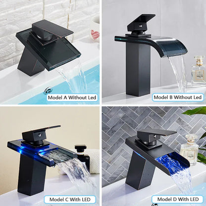 DecorBites™ LED Waterfall Bathroom Sink Faucet Black Bronze Single Handle Deck Mount