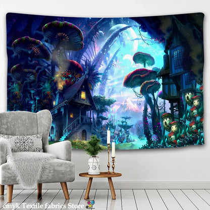 Decorbites™ Träumerisches Schloss-Pilz-Gobelin Psychedelisches Wandhänge Hippie-Kinder-Dekoration