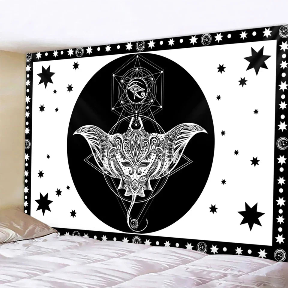 DecorBites™ Black & White Tarot Witchcraft Tapestry | Bohemian Hippie Mandala Wall Decor