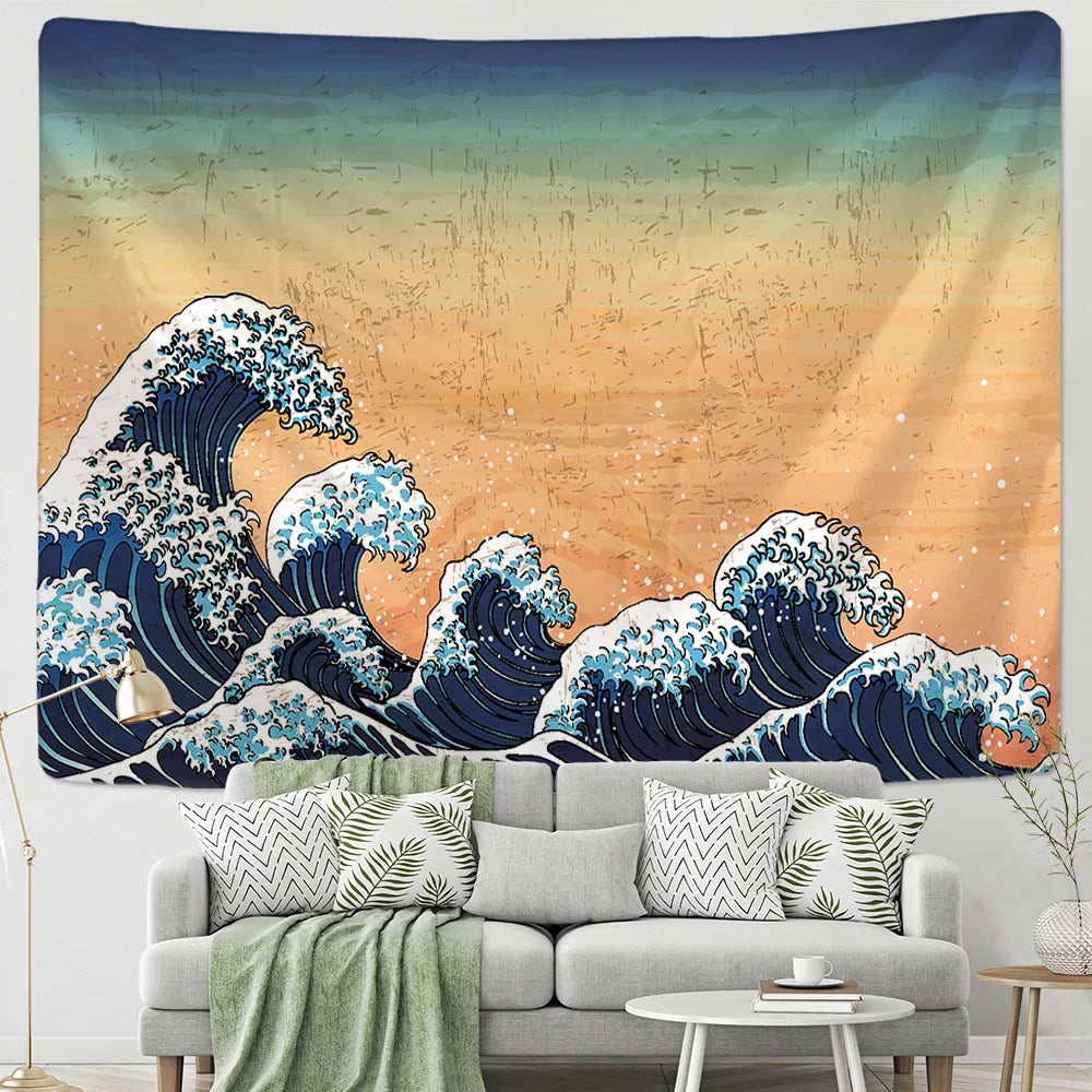 Decorbites™ Kanagawa-Wellen-Hängende Gobelin: Boho-Sonne-Wandgobelins, Bettüberwurf, Yogamatte