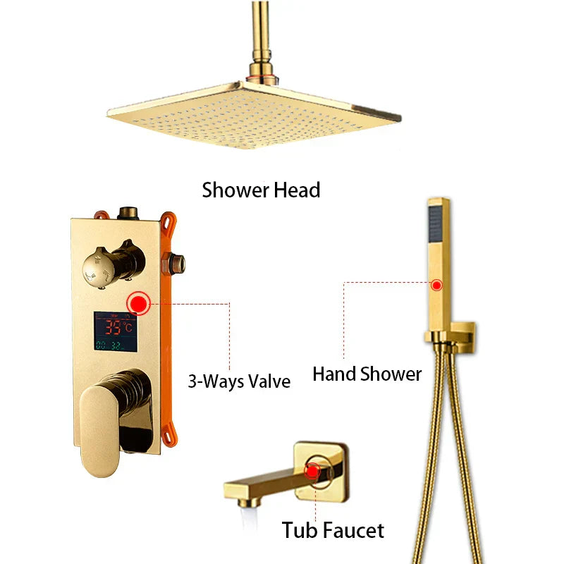 Gold Rainfall Shower Faucet With Digital Display