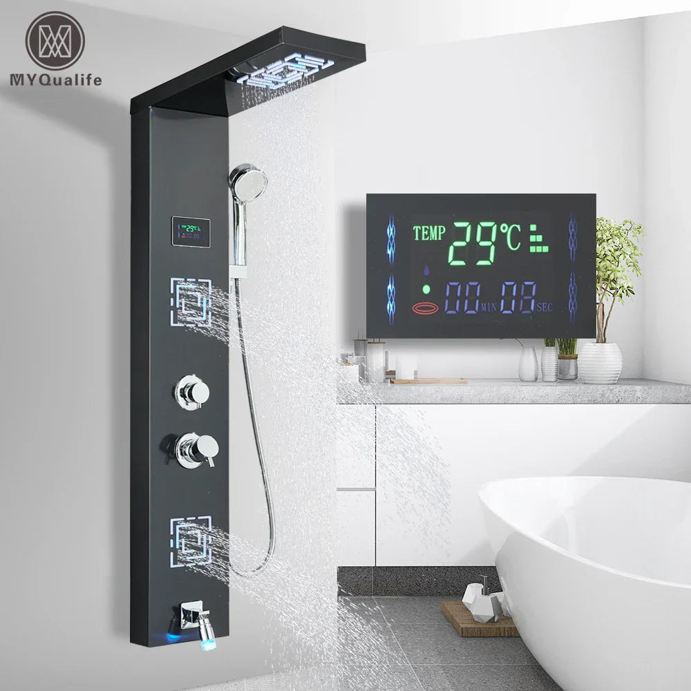 Decorbites™ LED-Licht-Duscharmatur-System: Regenwald, Massage-Düsen, Wasserfall-Panel mit Temperatursteuerung