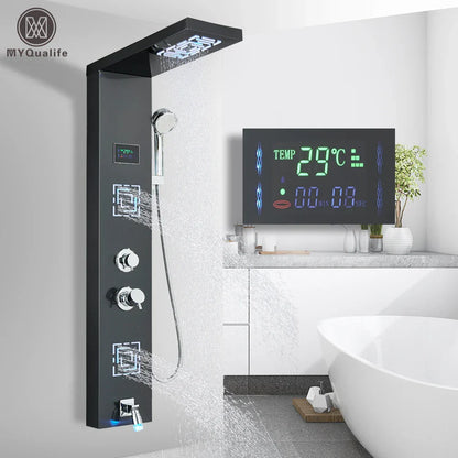Decorbites™ LED-Licht-Duscharmatur-System: Regenwald, Massage-Düsen, Wasserfall-Panel mit Temperatursteuerung