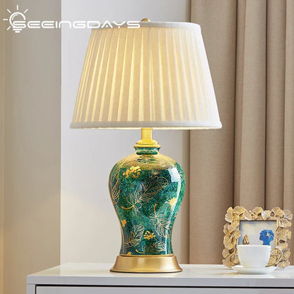 DecorBites™ Golden Leaf Green Ceramic Table Lamp - Luxury New Chinese Style for Living Room