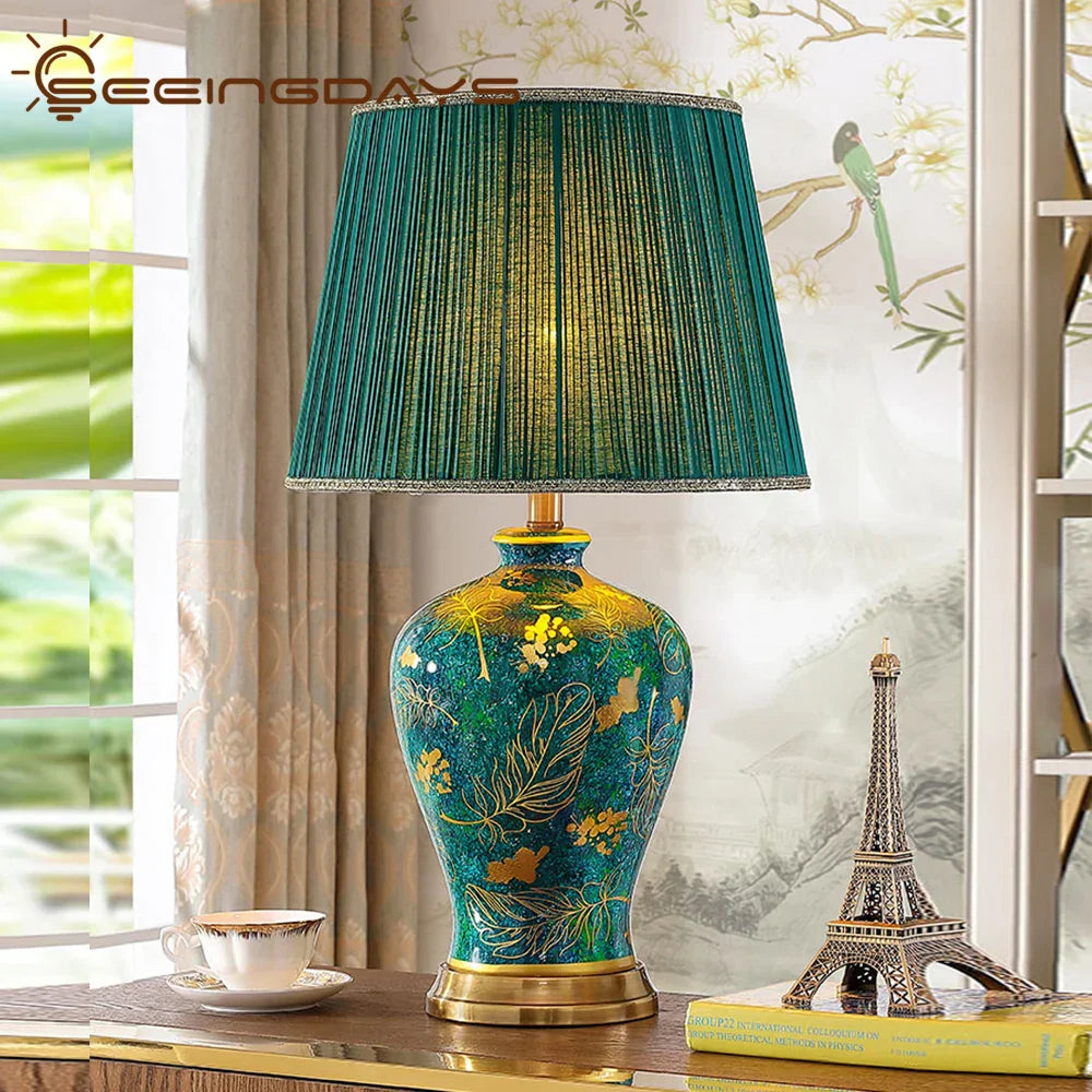 Decorbites™ Smaragd-Königin Grüne Keramiktischlampe - Beleuchtung für Luxus-Villa-Schlafzimmer und Wohnzimmer
