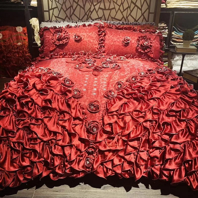 DecorBites™ Jacquard Rose Lace Bedding Set, Luxurious European Style, Red & Champagne