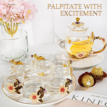 DecorBites™ Daisy Enamel Crystal Glass Teapot Set for Hot and Cold Drinks