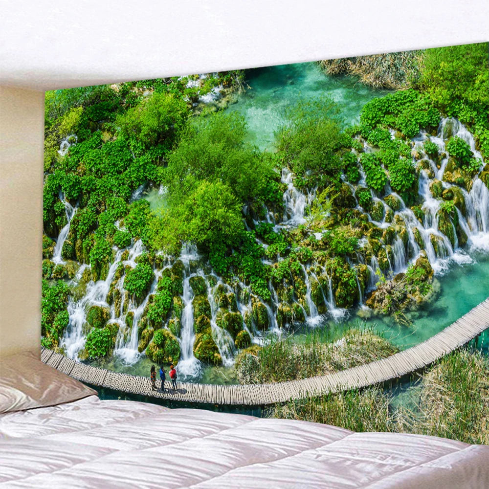 Decorbites™ Wald-Wasserfall-Kunst-Wandteppich: Boho-Hippie-Dekoration für Yogamatte, Sofa und Decke