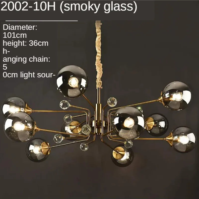 Gold Glass LED Chandelier 10-Head Clear Shades