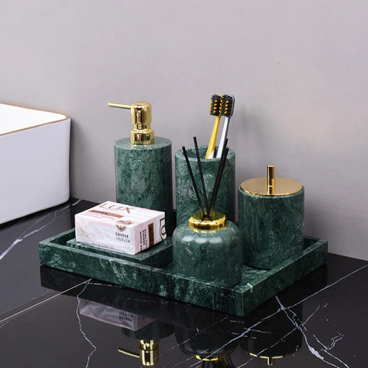 Decorbites™ Dunkelgrünes Marmor-Badset – Nordisches Light-Luxus-Tablett Zahnbürstenhalter Seifenspender-Set