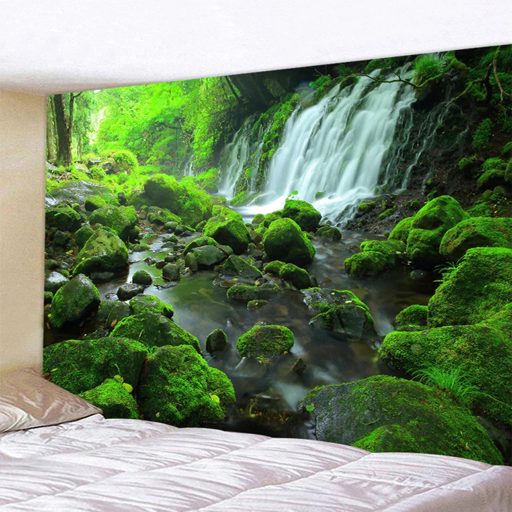 Decorbites™ Wald-Wasserfall-Kunst-Wandteppich: Boho-Hippie-Dekoration für Yogamatte, Sofa und Decke
