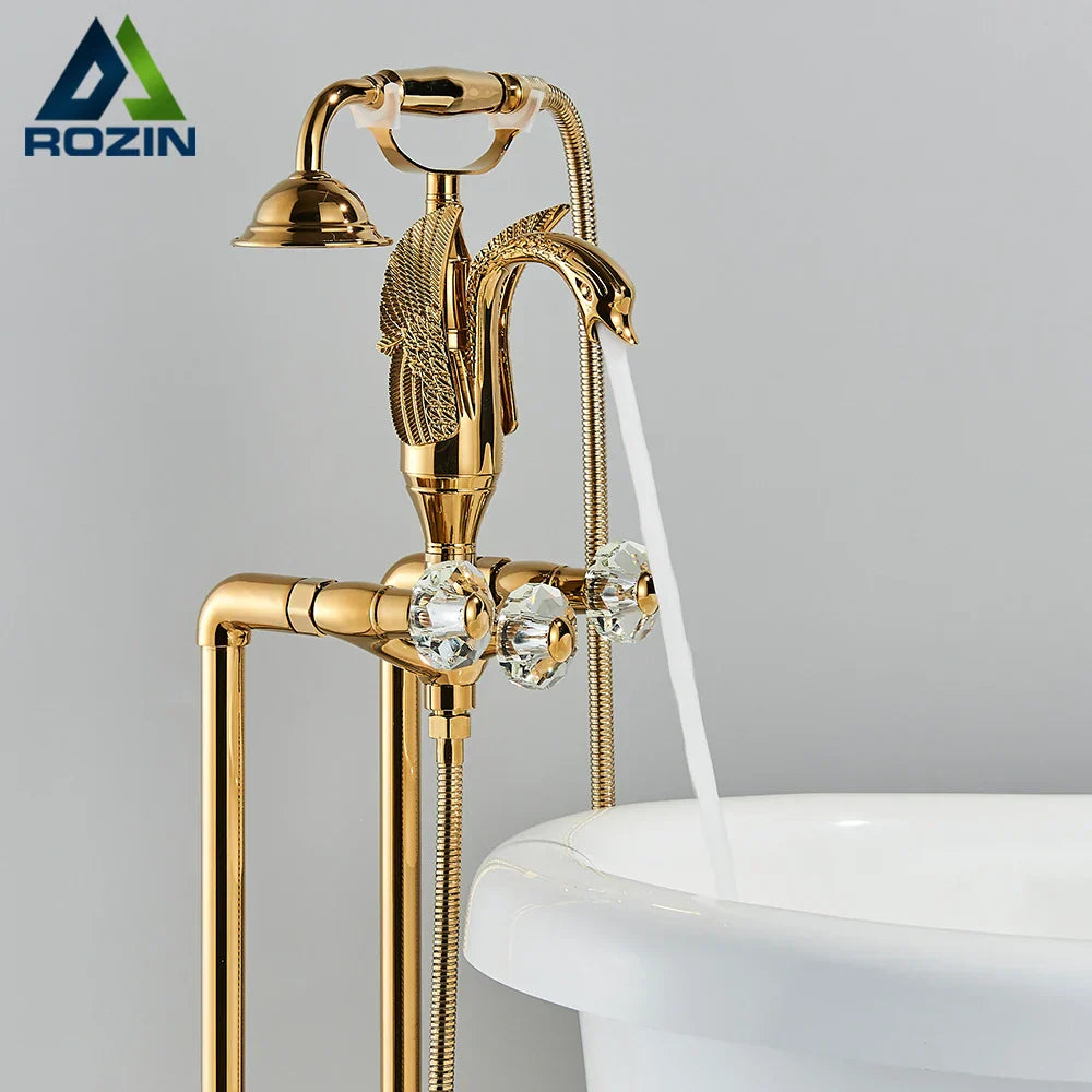 DecorBites™ Golden Bird Freestanding Bathtub Faucet with Dual Crystal Handles