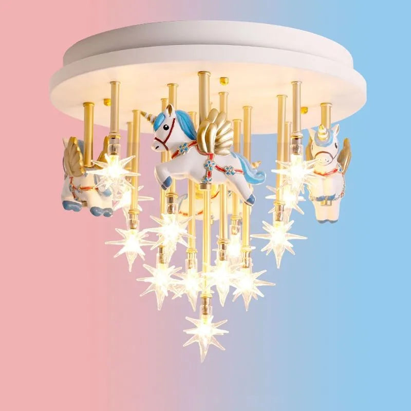 Decorbites™ Kinder Harz Pferd Papierkranich Deckenleuchte – Blau Rosa LED Schlafzimmerlampe