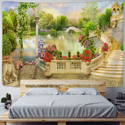 Decorbites™ Grüne Pflanzenlandschaft Wandteppich | Boho Wandbehang für Stadt Schlossberg