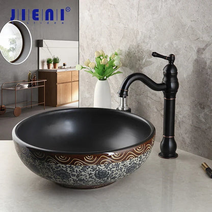 Decorbites™ Schwarzes Keramik-Waschbecken mit handgemaltem Wasserfall-Design und Messing-Wasserhahn