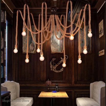 DecorBites™ Hemp Rope Pendant Chandelier: Vintage Loft Spider Design for DIY Cafe Lighting