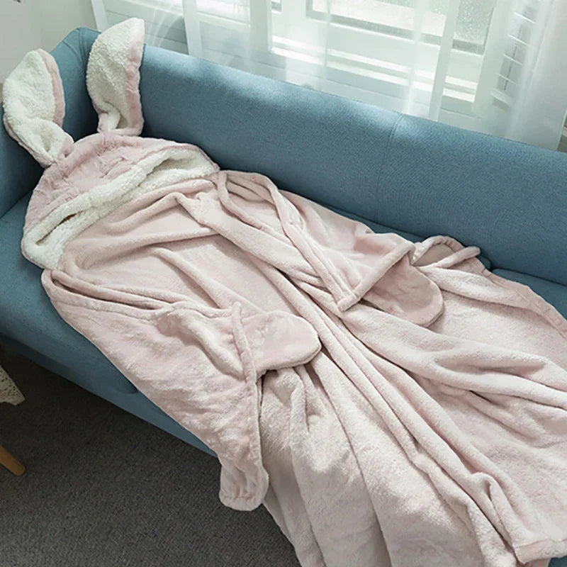 Decorbites™ Kawaii-Hasen-Kapuzendecke: Korallen-Samtbettwäsche-Warme-Wurfdecke für Erwachsene und Kinder