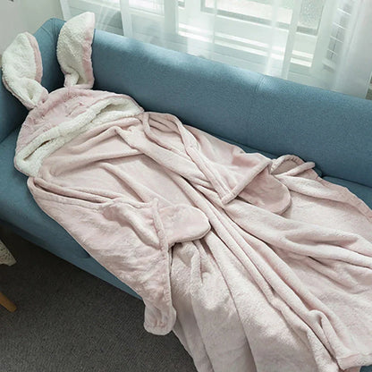 Decorbites™ Kawaii-Hasen-Kapuzendecke: Korallen-Samtbettwäsche-Warme-Wurfdecke für Erwachsene und Kinder