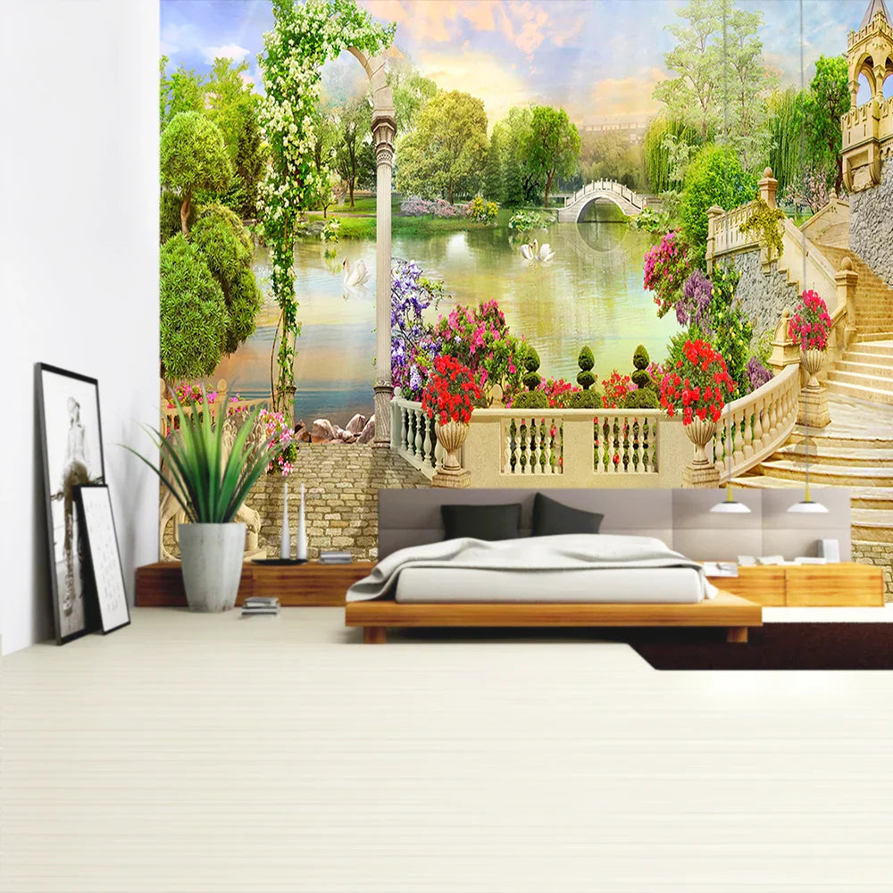 Decorbites™ Grüne Pflanzenlandschaft Wandteppich | Boho Wandbehang für Stadt Schlossberg