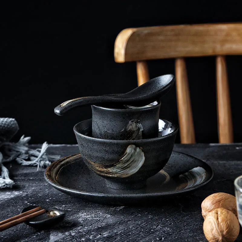 DecorBites™ Black Ceramic Sushi Plate and Rice Bowl Set