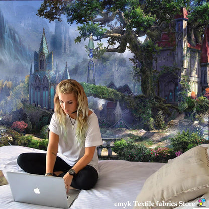 Decorbites™ Träumerisches Schloss-Pilz-Gobelin Psychedelisches Wandhänge Hippie-Kinder-Dekoration