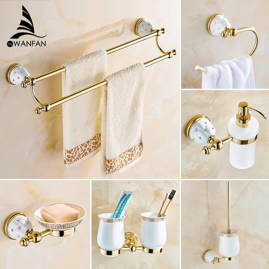 Decorbites™ Golden Bath Hardware Set: Toilettenpapierhalter, Handtuchhalter, Seifenhalter, Becherhalter, Bademantelhalter