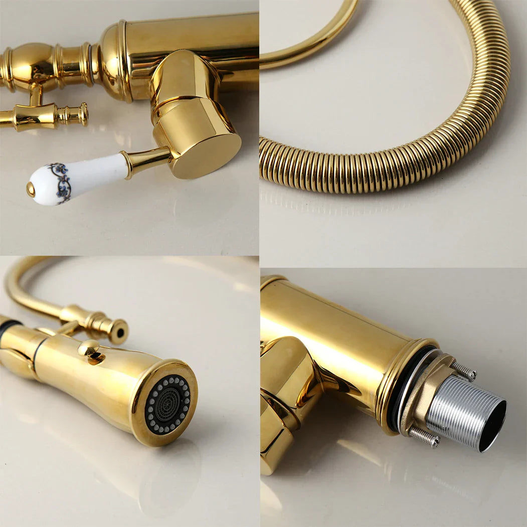 DecorBites™ Golden Kitchen Faucet Vessel Sink Swivel Mixer Tap with Pull Down Spring