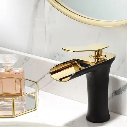DecorBites™ Gold Waterfall Bathroom Basin Faucet Mixer Tap Hot Cold White Sink