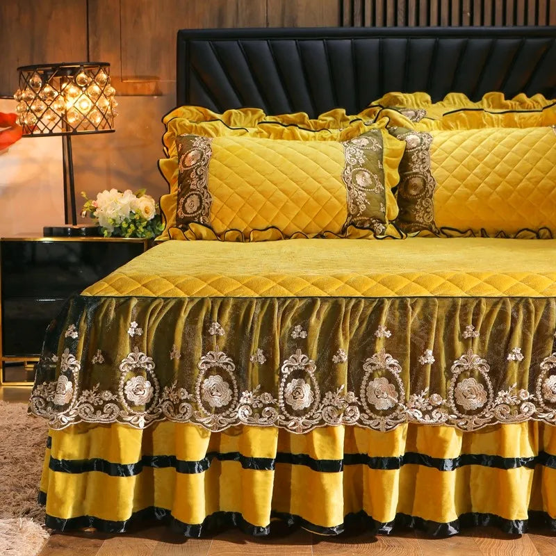 Decorbites™ Kristall-Samt-Bettüberwurf-Set mit super weicher Steppung & Spitzen-Bettrock