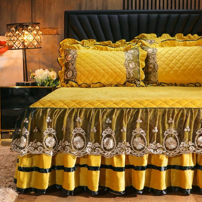 Decorbites™ Kristall-Samt-Bettüberwurf-Set mit super weicher Steppung & Spitzen-Bettrock
