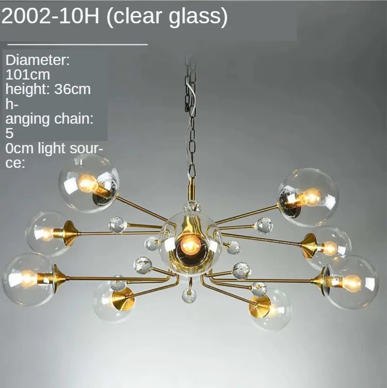 Gold Glass LED Chandelier 10-Head Clear Shades