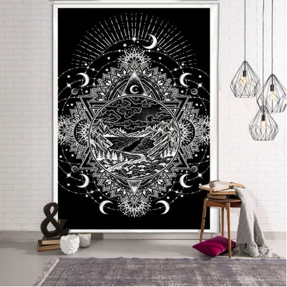DecorBites™ Black & White Tarot Witchcraft Tapestry | Bohemian Hippie Mandala Wall Decor