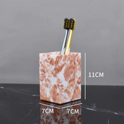 DecorBites™ Coral Pink Marble Bathroom Accessories Set: Dispenser, Dish, Holder, Tissue Box, Tray