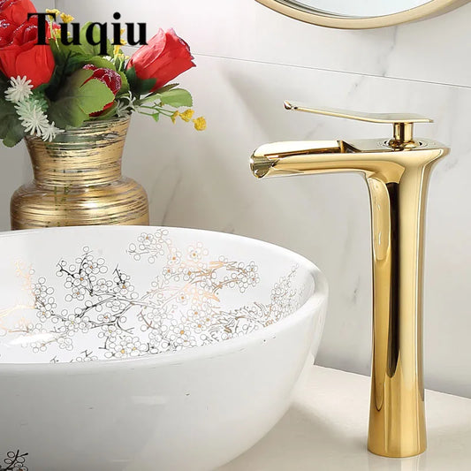 Decorbites™ Gold Wasserfall Badezimmer Waschbecken Armatur Mischbatterie Heiß Kalt Weiß Waschtisch