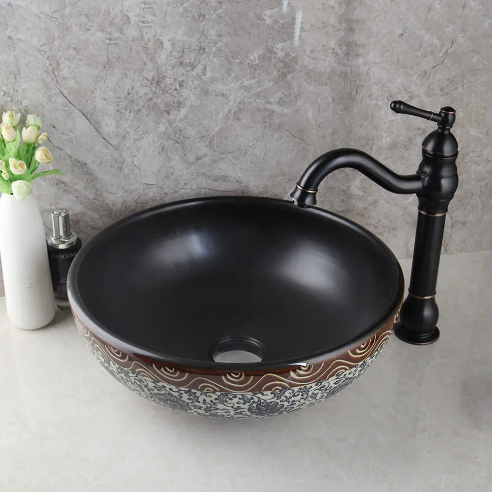 Decorbites™ Schwarzes Keramik-Waschbecken mit handgemaltem Wasserfall-Design und Messing-Wasserhahn