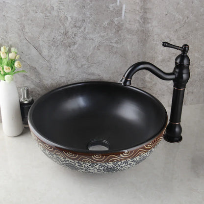 Decorbites™ Schwarzes Keramik-Waschbecken mit handgemaltem Wasserfall-Design und Messing-Wasserhahn