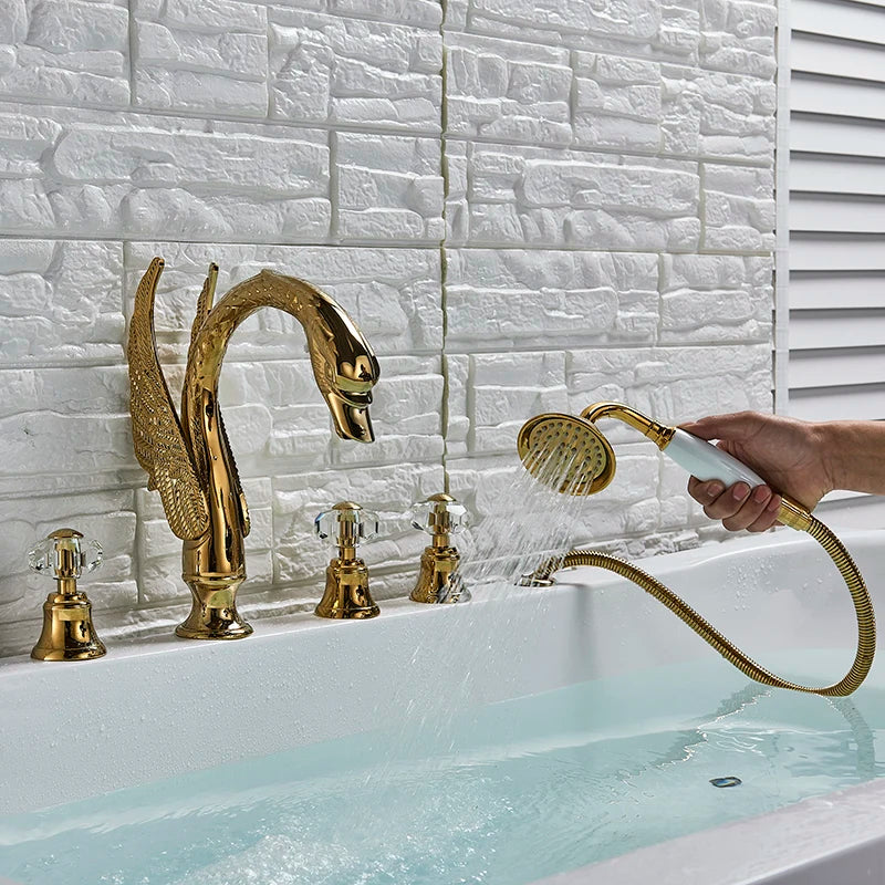 DecorBites™ Crystal Knob Swan Faucet 5-Hole Widespread Tub Mixer with Handshower
