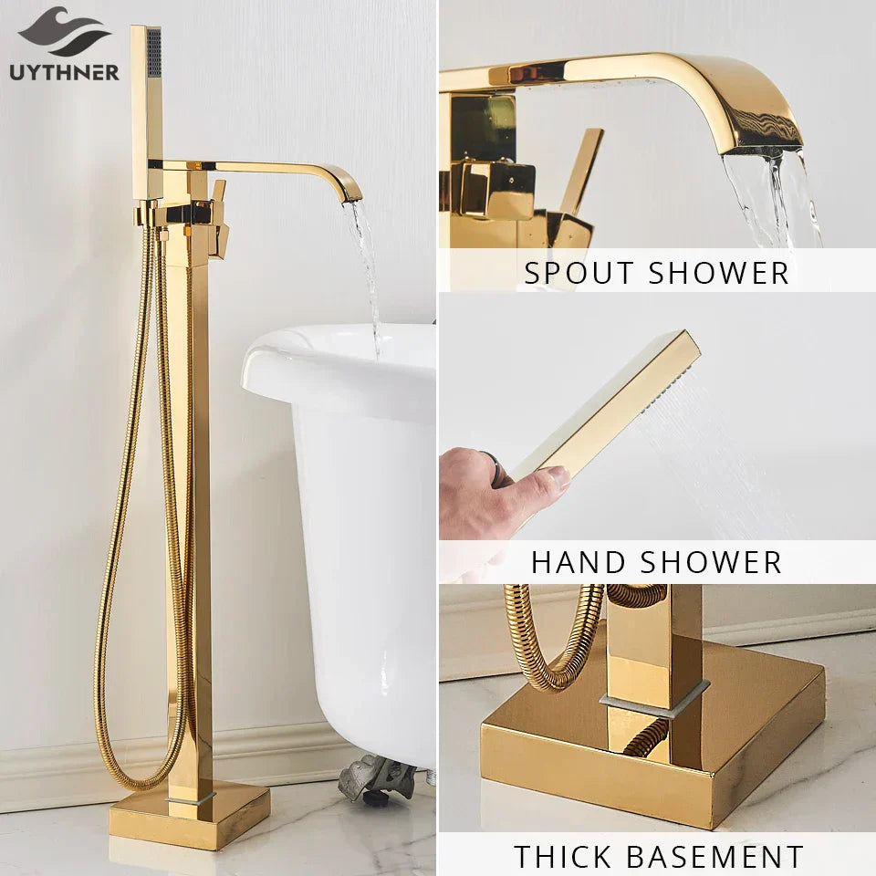 Decorbites™ Gold Badewannenarmatur-Set Heißes und Kaltes Wasser Duschmischer Hahn Wasserfall Bodenständer