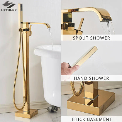 Decorbites™ Gold Badewannenarmatur-Set Heißes und Kaltes Wasser Duschmischer Hahn Wasserfall Bodenständer