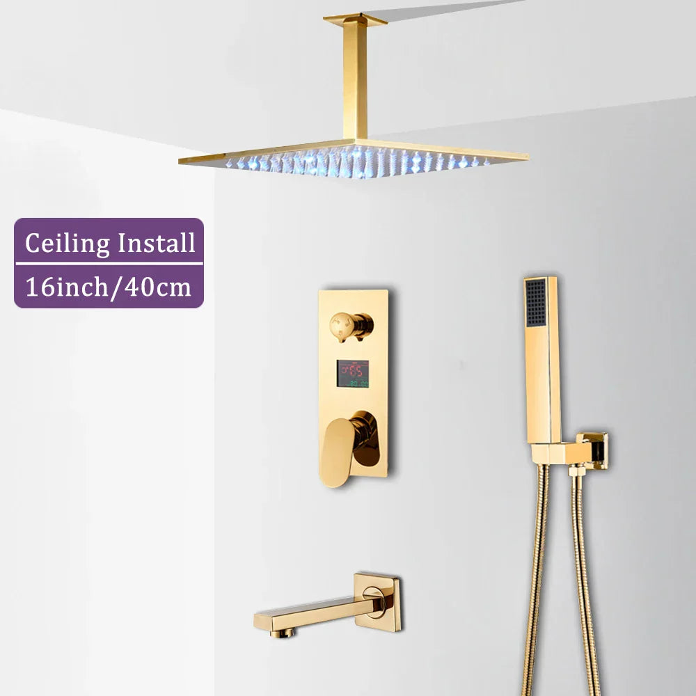 Gold Rainfall Shower Faucet With Digital Display