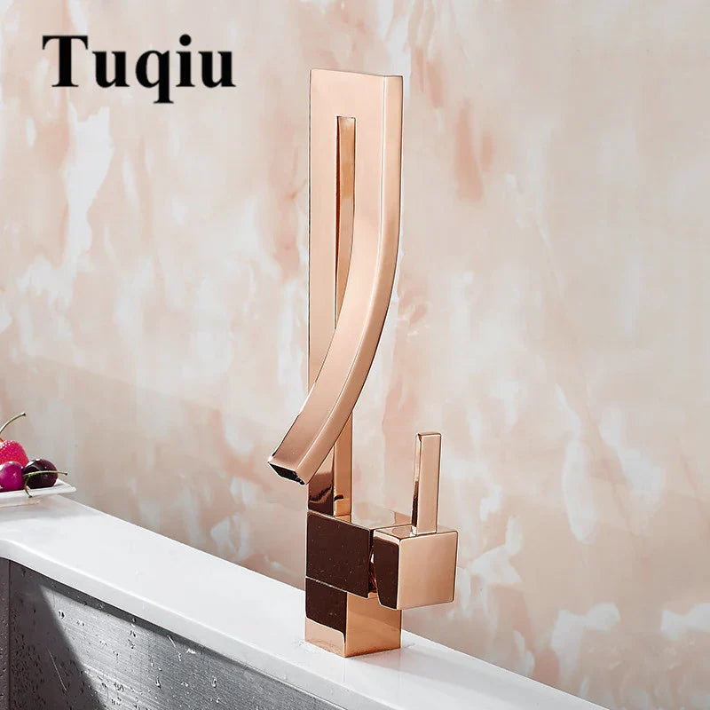 Gold Square Basin Faucet Deck-Mounted Single-Handle
