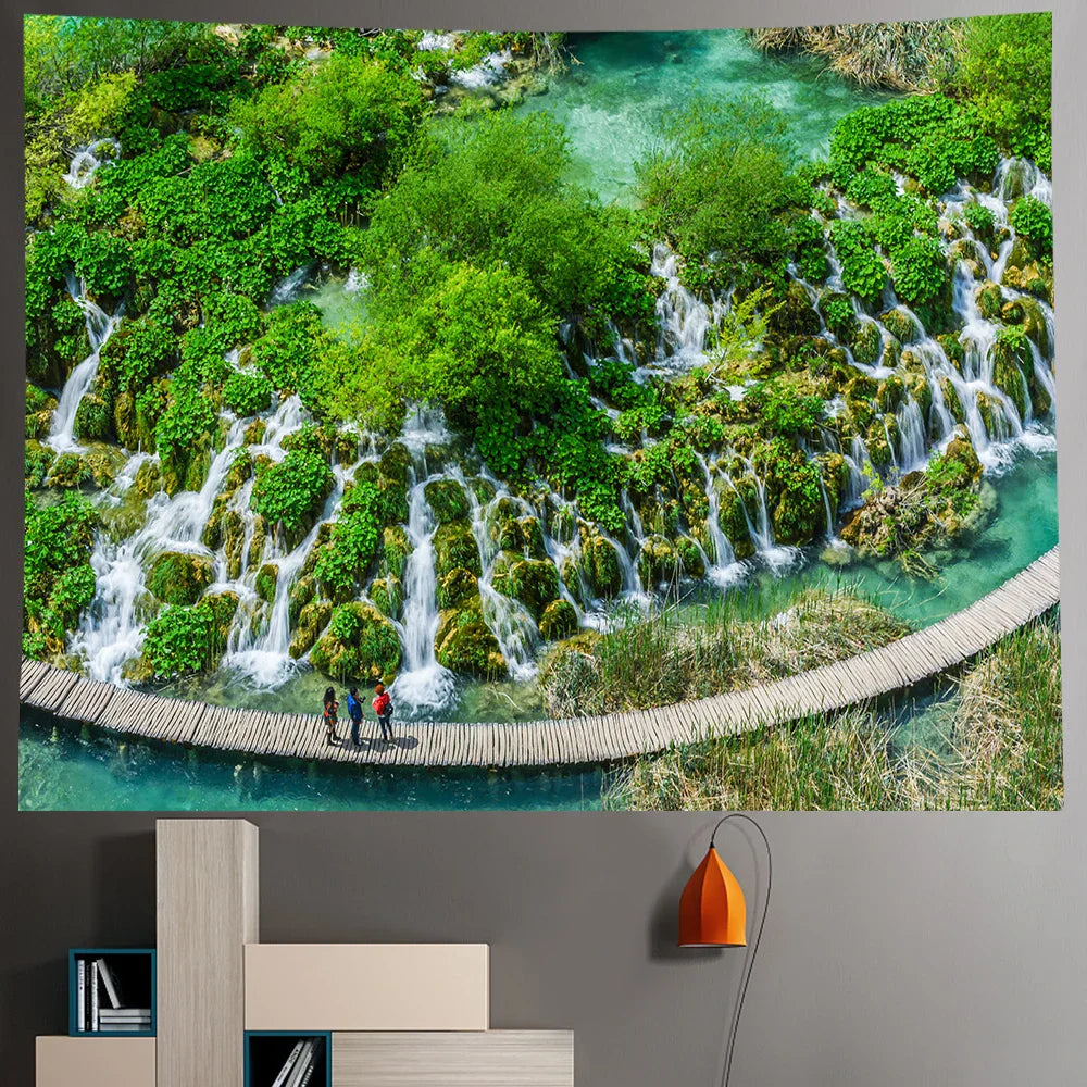 Decorbites™ Wald-Wasserfall-Kunst-Wandteppich: Boho-Hippie-Dekoration für Yogamatte, Sofa und Decke