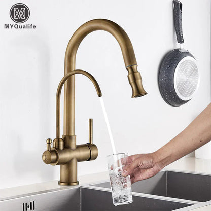 Decorbites™ Zweihand-Messing-Wasserfilter-Küchenarmatur mit herausziehbarer Reinigungsfunktion