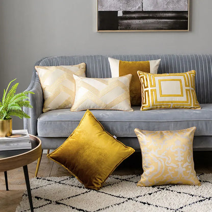 DecorBites™ Gold Geometry Cut Velvet Embroidered Lumbar Pillow Cover Chic Style 35x50cm