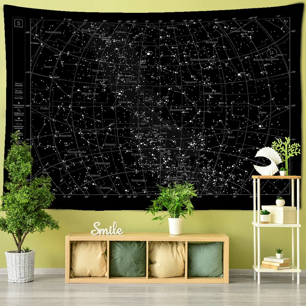 Decorbites™ Interstellare Himmelskarte Sternbilder Wandteppich – Schwarze Galaktische Wanddekoration