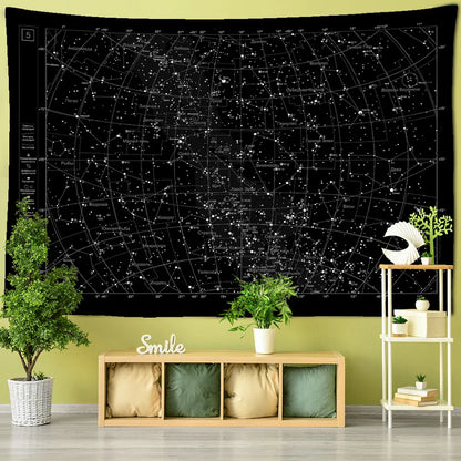 Decorbites™ Interstellare Himmelskarte Sternbilder Wandteppich – Schwarze Galaktische Wanddekoration