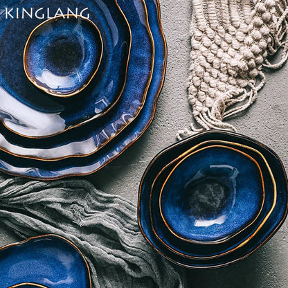 DecorBites™ Irregular Shape Ceramic Dinner Set - Blue Color - Eco-Friendly Bowls - KL-265